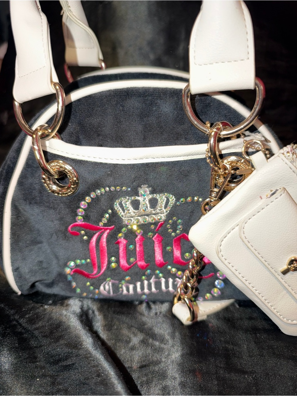 Juicy Couture Black Velvet Mini Satchel with White Trim & Pink Logo